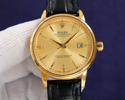 Rolex Datejust 8215 Movement 40mm Men White/YG Face Yellow Gold Case Black Leather Band Watch
